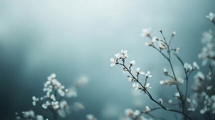 Delicate White Blossoms on Branch Against Soft Blue Background
