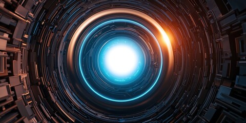 Obraz premium Vibrant cosmic tunnel leading to a glowing light, showcasing futuristic technology and depth.