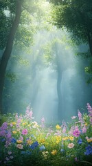 Fototapeta premium Vibrant flowers in a serene forest setting.