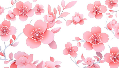Spring sakura blossoms in pink, paper cut vector design on a white background.