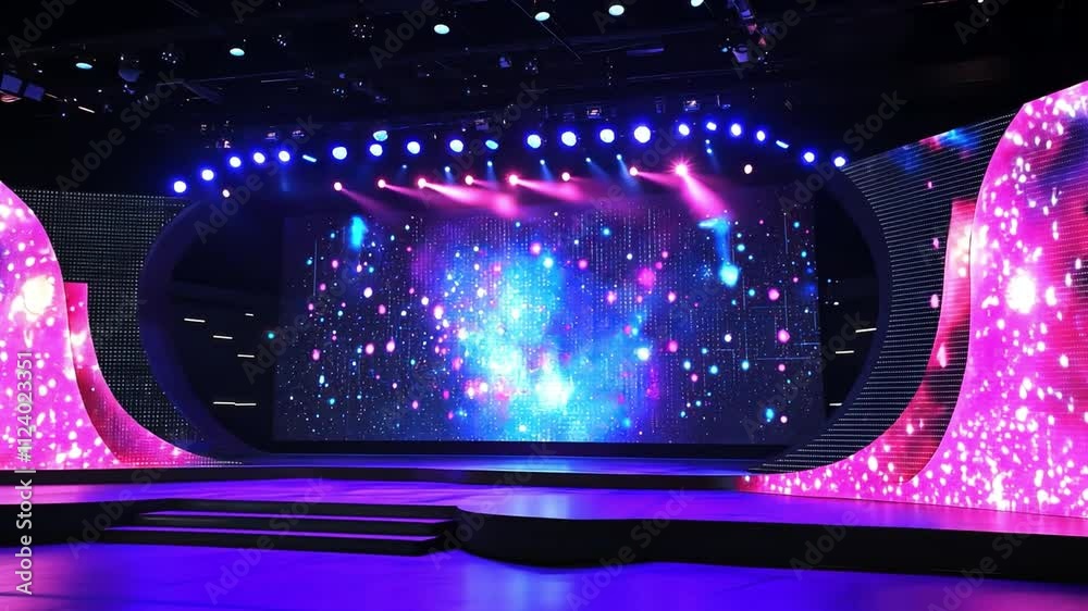 Poster futuristic stage backdrops with interactive elements and digital integration.