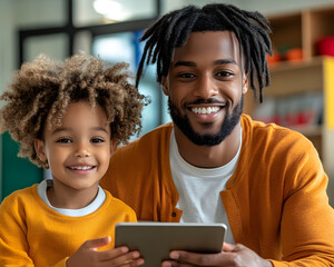 teacher and child smiling while using digital tablet in classroom setting