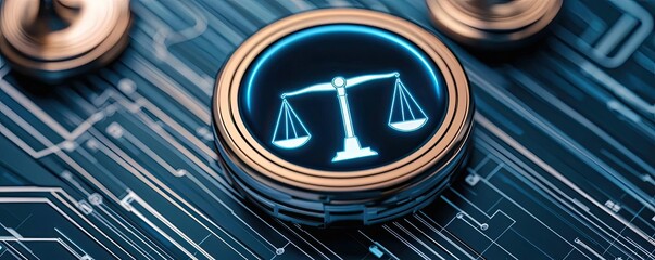 Close-up of a digital legal scale icon on a circuit board design, symbolizing justice.