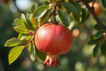 A Single Pomegranate Fruit Growing On A Branch