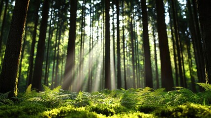 Obraz premium Sunlight filters through a tranquil forest, illuminating lush ferns and towering trees.