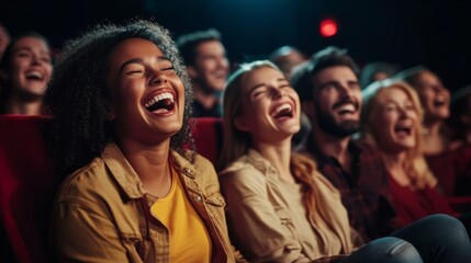Fototapeta premium Laughter fills the room as friends share a comedy experience.