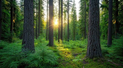 Obraz premium Sunlight filtering through tall trees in a lush green forest, creating a serene atmosphere.