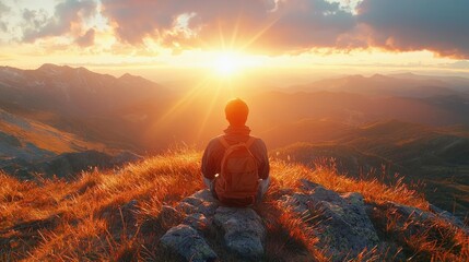 Obraz premium A serene person enjoys a breathtaking sunset view over mountains and valleys.