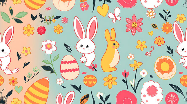 Patren illustration of a Spring Bunny with Colorful Easter Eggs 