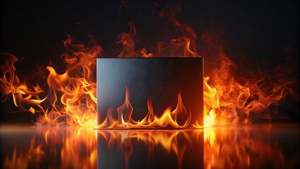 Fiery Inferno Surrounds a Solid Black Rectangular Panel, Reflecting Intense Heat and Embers