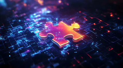 Glowing Puzzle Piece on Digital Circuit Board 3D Illustration