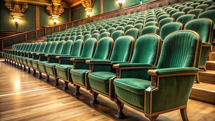 Obraz premium Rows of plush emerald green theater seats in a grand auditorium