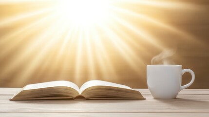 Fototapeta premium Open Book Hot Drink Sunbeams Spiritual Peaceful Morning