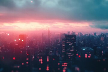 Naklejka premium Cityscape at Sunset: Urban Skyline, Buildings, Dusk, Twilight, Metropolis, Evening Glow, Pink Hues, Modern Architecture, Night City, Dreamy Atmosphere
