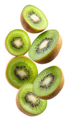 Fototapeta premium flying kiwi and half slices isolated on transparent white background, clipping path