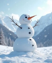 Obraz premium A cheerful snowman stands in a snowy field, surrounded by mountains and pine trees.