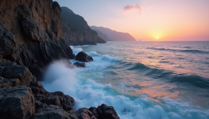 Obraz premium A dramatic cliffside with rugged rocks dropping sharply to the waves below.