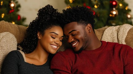 Fototapeta premium Joyful couple share a warm moment by the holiday decorations, radiating love and happiness.