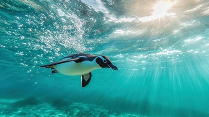 Obraz premium A penguin swimming underwater, illuminated by sunlight filtering through the surface.