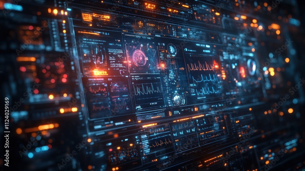 Poster futuristic data interface with glowing elements and charts.