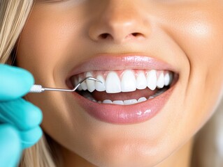 Fototapeta premium Young woman with a bright smile at a dentist office, receiving professional dental care and showcasing healthy, beautiful teeth.
