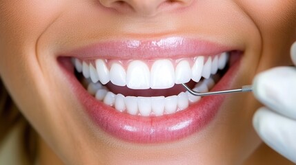 Fototapeta premium Young woman with a bright smile at a dentist office, receiving professional dental care and showcasing healthy, beautiful teeth.