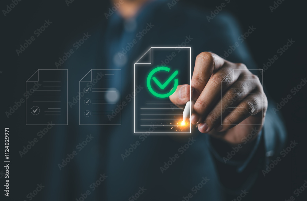 Aufkleber Tick the checkmark in the survey item. Tick mark evaluation in options check form online on a laptop. Checklist concept, task audit in a list of documents. Verify task detail business, process order