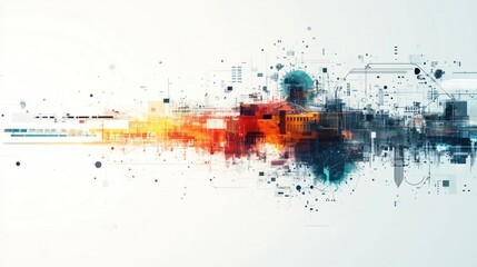 Fototapeta premium Abstract digital artwork depicting a futuristic cityscape with vibrant colors and data elements.