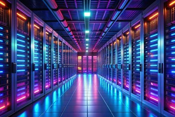 Fototapeta premium A long hallway with a purple and blue light on the floor