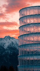 Frozen tower against a dramatic mountain sunset