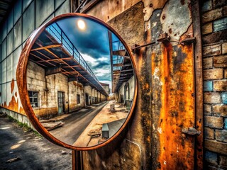 Industrial Corridor Safety Mirror, Urban Exploration Photography, Rusty Metal, Grunge, Decay, Abandoned Factory