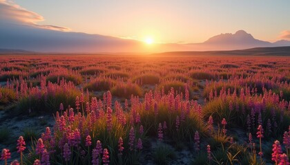 The expansive arctic tundra stretches out under the never-setting midnight sun, with wildflowers dotting the landscape.