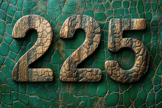 225, 3D bold numbers made of wood on a green background. (Generative AI)