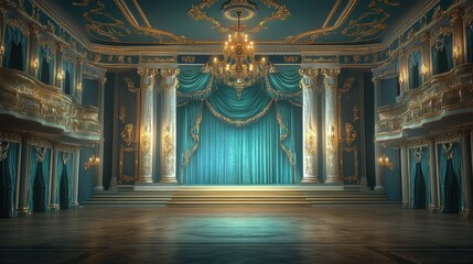 Obraz premium Opulent teal ballroom with gold accents; grand stage and balconies. Ideal backdrop for elegant events, theatrical productions, or luxury brand advertising.