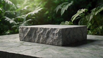 Minimalist Concrete Platform with Lush Green Foliage in Natural Setting