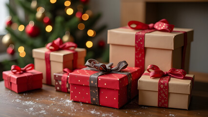 Obraz premium Christmas gift box on Christmas decoration background, present with bow, festival season, holiday.