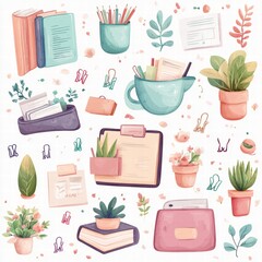 Creative workspace organizationplants books and supplies in a cozy office environment for productivity enhancement