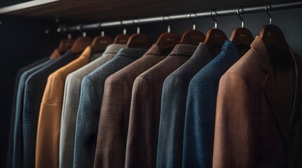 Obraz premium A Carefully Styled Selection of Retro Suits Hanging Elegantly on a Rack, Showcasing Various Textures and Colors for Fashion Enthusiasts