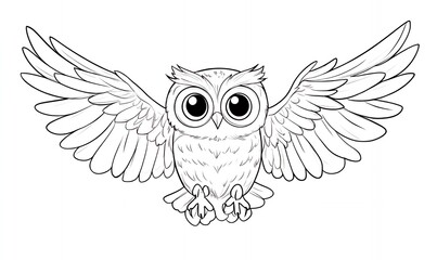 Obraz premium Adorable Cartoon Owl in Flight: A Black and White Line Drawing of a Soaring Owl with Large Eyes and Spread Wings
