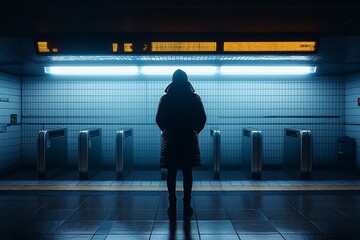 Fototapeta premium Solitary Figure in a Deserted, Neon-Lit Subway Station