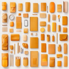 Organized yellow office supplies display creative workspace visual content minimalist environment top-down view productivity concept