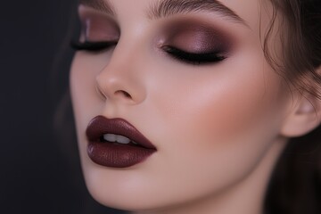 Naklejka premium Close-up of a woman showcasing dark makeup with bold lips and smoky eyes in a dramatic lighting setting