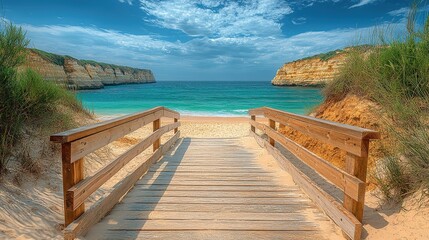 Obraz premium Scenic beach pathway leading to tranquil waters and cliffs under a cloudy sky.