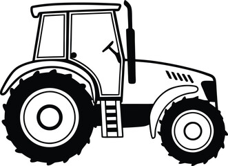 Obraz premium Black and White Stylized Tractor Silhouette Illustration of a Farm Tractor Featuring Large Treaded Tires, Enclosed Cabin, Exhaust Pipe, and Minimalist Line Design