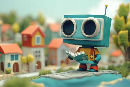 Robot reading a book in a colorful town playful scene whimsical environment creative perspective imaginative concept