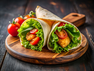 Tasty Close-up Chicken nuggets in a tortilla wrap with lettuce and tomato on a wooden board. Delicious Food Background