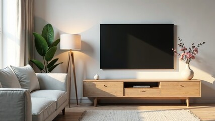 Modern Living Room with Flat Screen TV, Lamp, and Plant - AI Photorealistic Rendering
