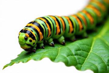 Naklejka premium Monarch Caterpillar on Milkweed, Extreme Close-Up, Nature, Macro, Orange, Green, Black, Isolated