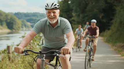 Obraz premium Active Senior Couple Cycling Joyfully Along Riverside Trail Enjoying Scenic Views