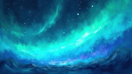 Obraz premium Glowing Polar Gradients.Illustration of neon streaks representing polar lights in varied hues of blue and green over a transparent, star-speckled background. The artwork is defined and luminous, with 